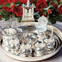 German silver pooja thali combo set for Diwali pooja, house warming puja party